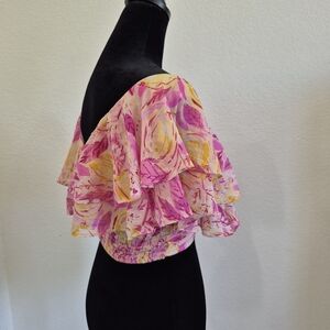 Lulus Pink and Yellow Floral Ruffle Crop Top